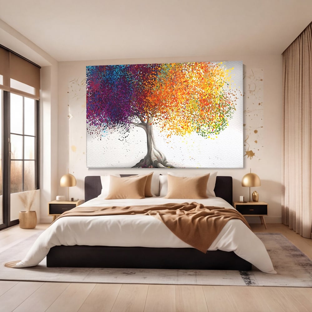 Tablou canvas cu tablou canvas cu un copac colorat, fara rama, pe sasiu de lemn, pe perete intr-un dormitor